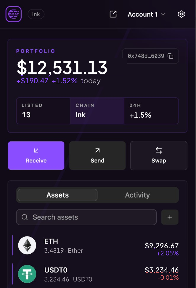 Ink Wallet home: portfolio on Ink, receive, send, swap, and listed assets
